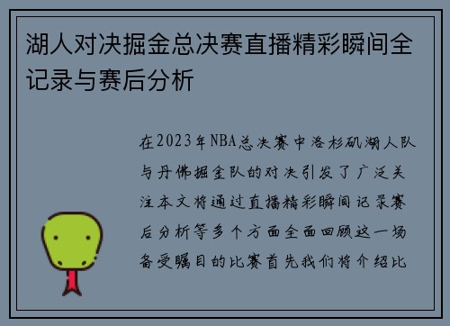 湖人对决掘金总决赛直播精彩瞬间全记录与赛后分析